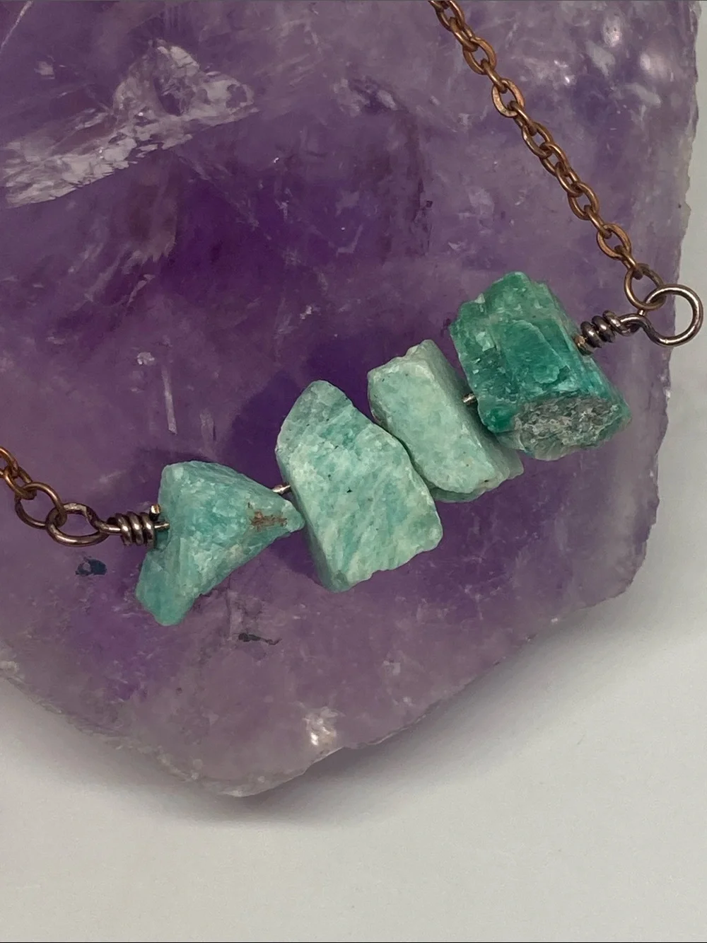 Raw Green Amazonite Stone Necklace on Copper Chain